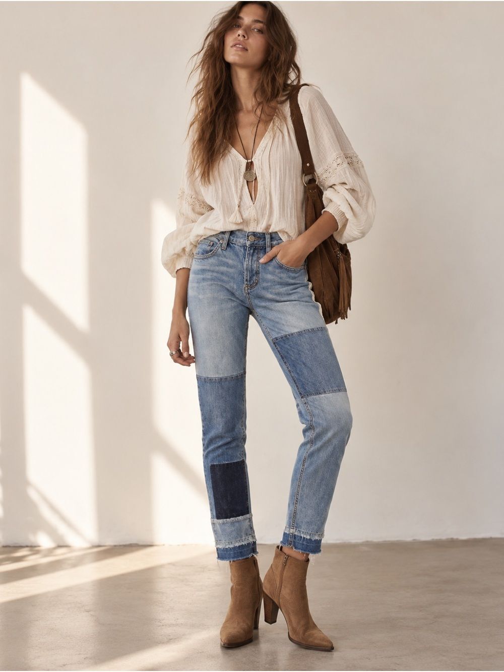 Free People Patchwork Mid Rise Slim Crop Jeans 28 Multicolor Boho Button Fly